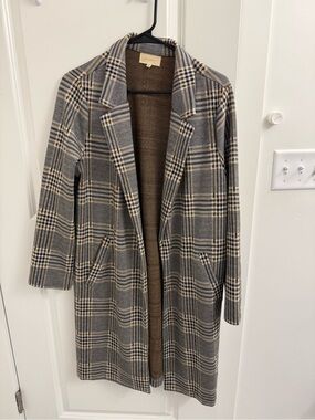 MELLODAY Gray and Tan Plaid Long Trench Coat